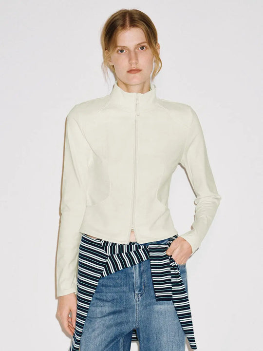Mock Neck Zip Front Blouse