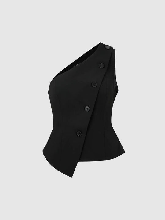 Gilet aderente smanicato asimmetrico con bottoni diagonali
