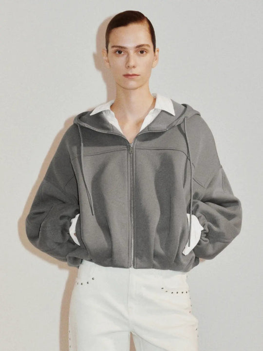 Drop Shoulder Full Zip Hooded Cotton Blend Jacket