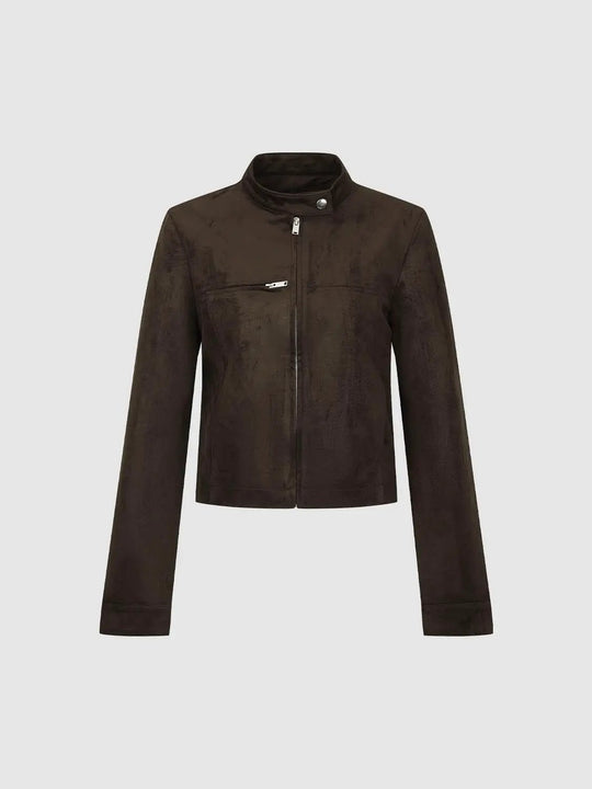 Veste texturée à col montant et manches longues raccourcies