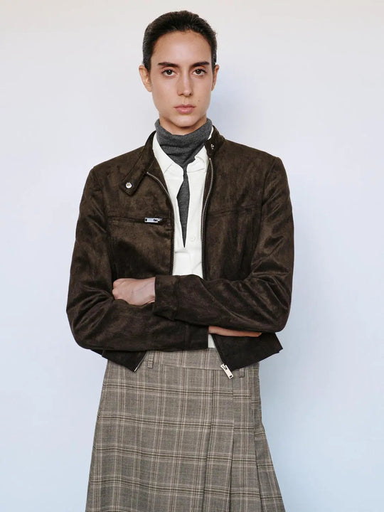 Textured Mock Neck Cropped Long Sleeve Jacket
