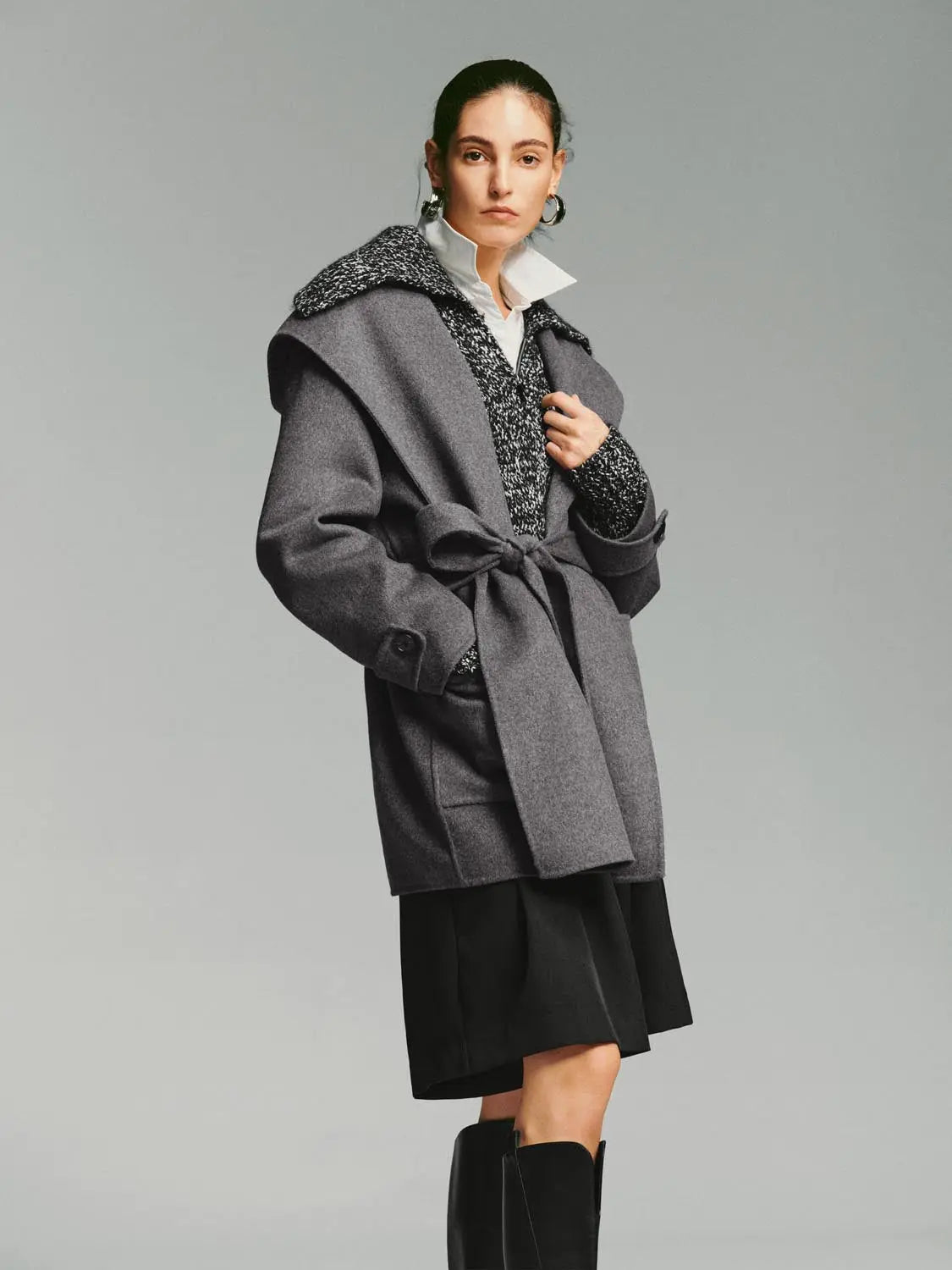 Coat by Urban Revivo Fashion, belted gray wool with oversized lapels.