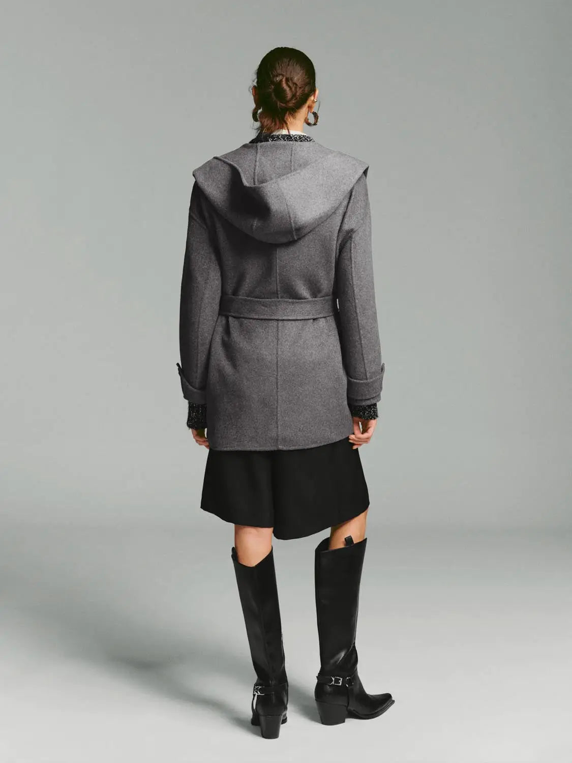 Coat with hood, gray wool-blend, belted waist, back view, mid-thigh length