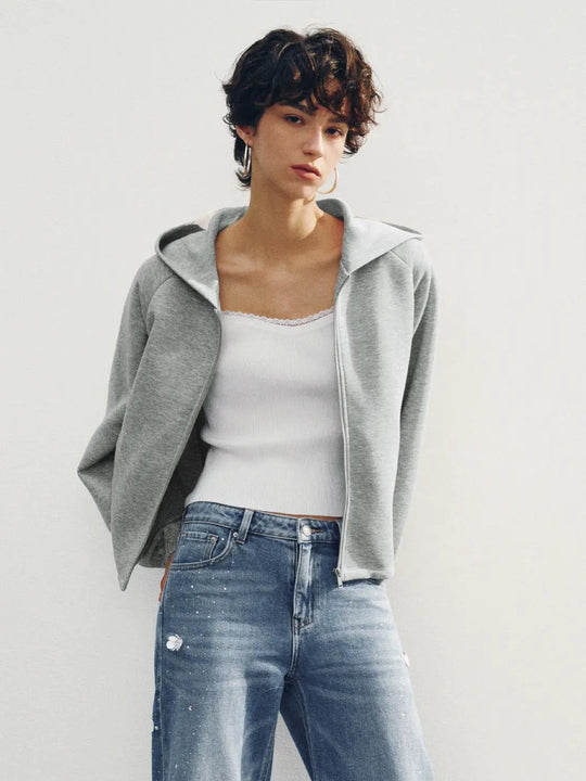 Giacca con cappuccio e zip, a maniche lunghe, in misto cotone grigio mélange