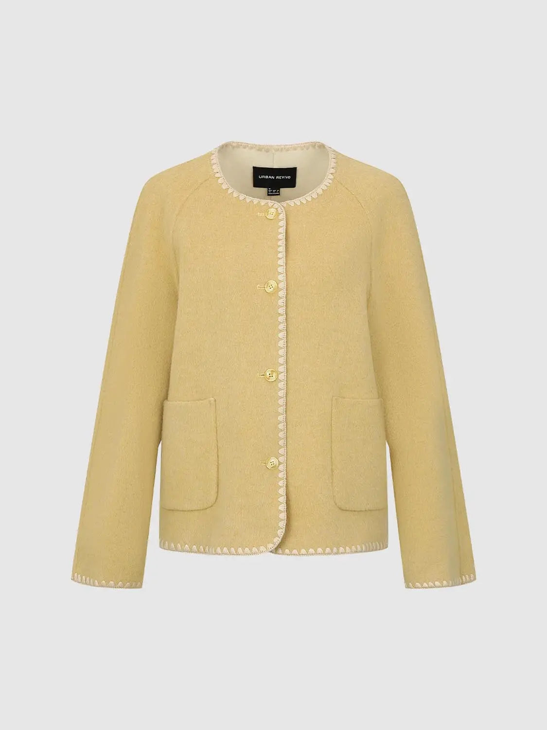Coat, pale yellow wool blend with cream trim and patch pockets, from Urban Revivo Fashion