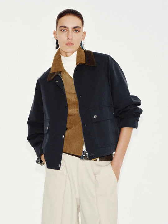 Corduroy Collar Flap Pocket Long Sleeve Cotton Blend Jacket
