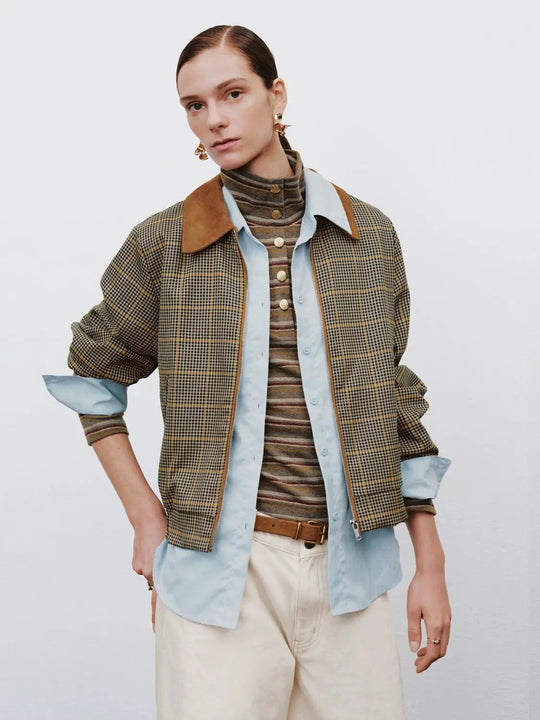 Checked Long Sleeve Contrast Collar Zip Placket Jacket