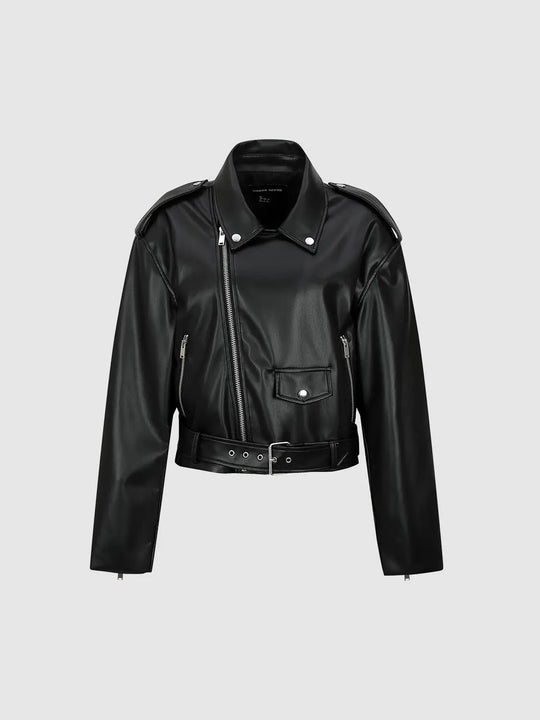 Belted Asymmetric Zip Lapel Long Sleeve Biker Jacket