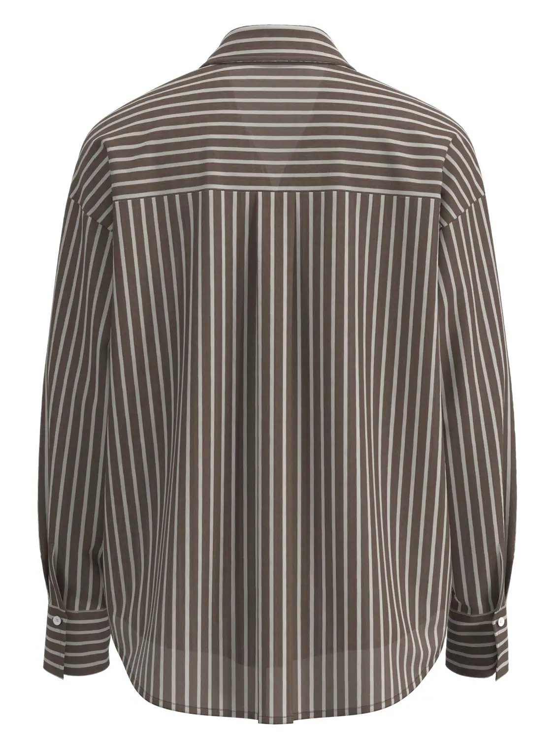 Striped button-up shirt by Urban Revivo Fashion, brown with white vertical stripes on body and horizontal stripes on yoke; back view