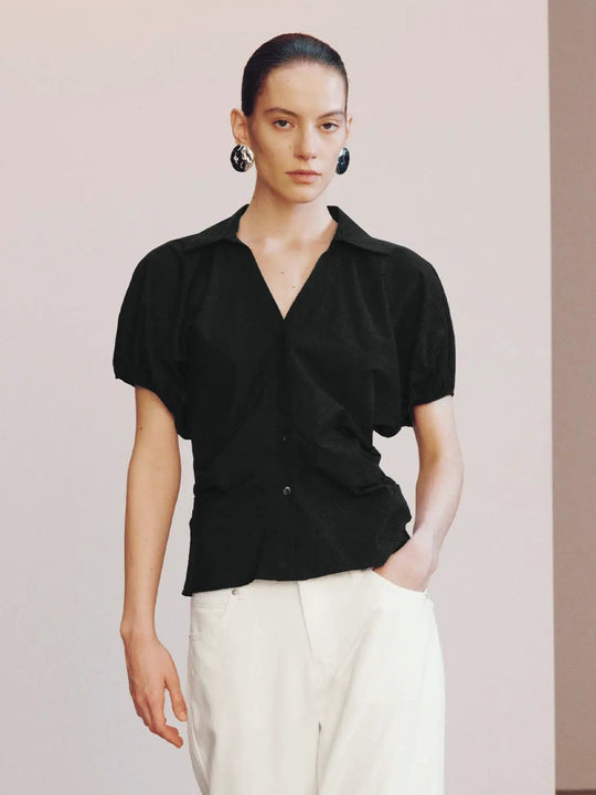 Cotton V-Neck Puff Sleeve Shirt