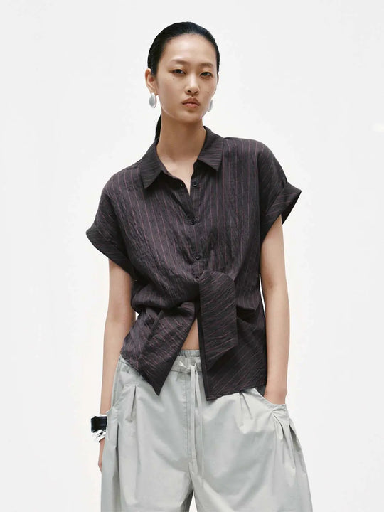 Tie-Waist Striped Short Sleeve Shirts