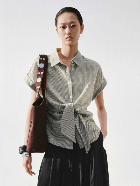 Tie-Waist Striped Short Sleeve Shirts