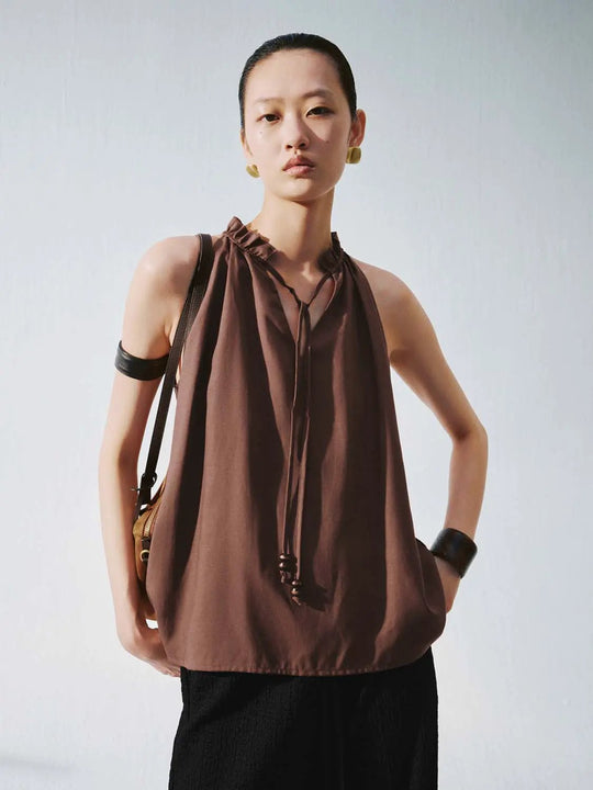 Frill Collar Tie Detail Sleeveless Overhead Shirts