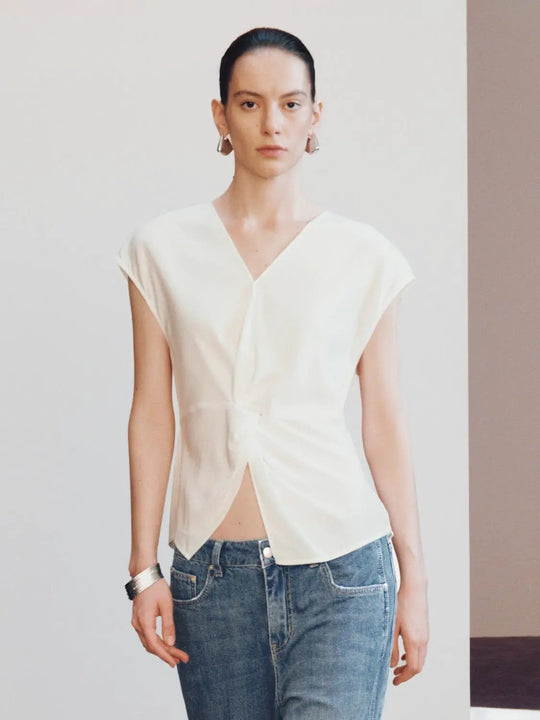 Front Knot V-Neck Cap Sleeve Shirt