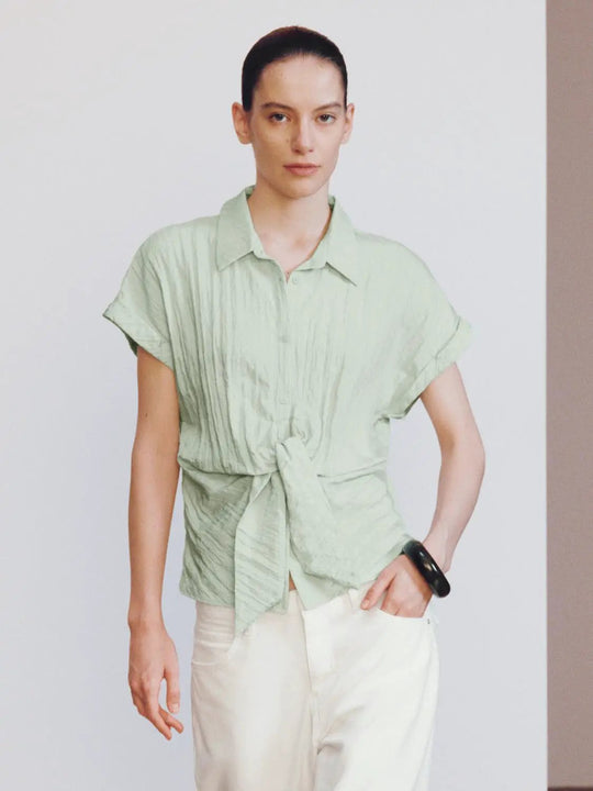 Knotted Tie Front Detail With Lightweight Weave And Soft Hand Feel Textured Shirt