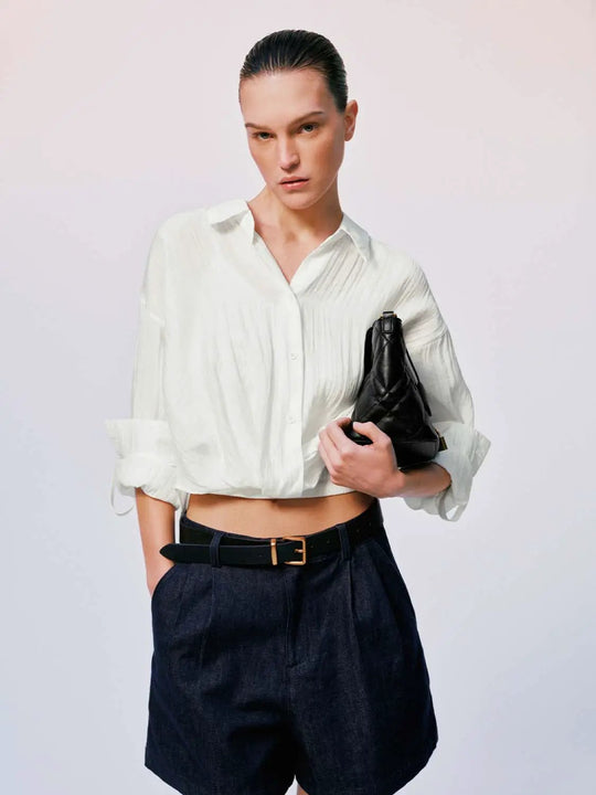Knot Hem Shirring Detail Overhead Shirts Casual Style