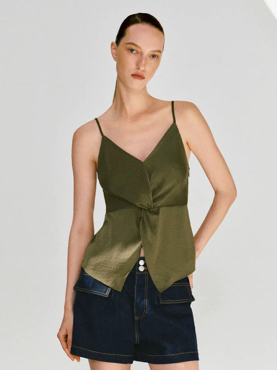 Strappy Knot Front Stretch Fabric Cami Top