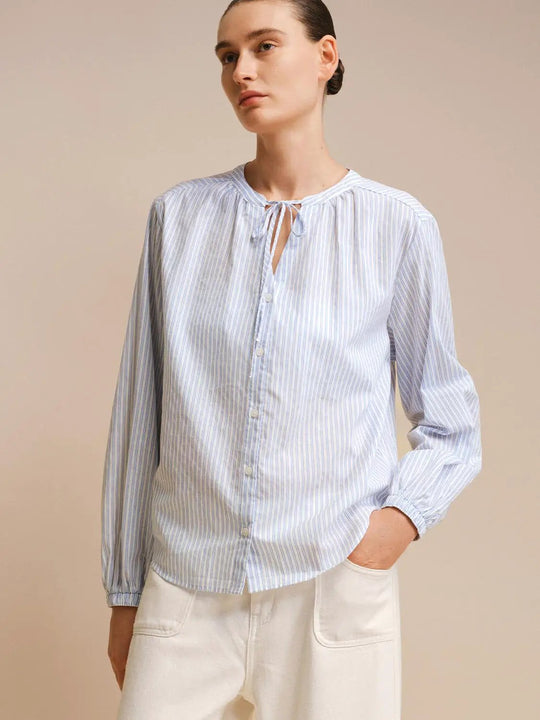 Striped Cotton Tie Neck Breathable Shirt
