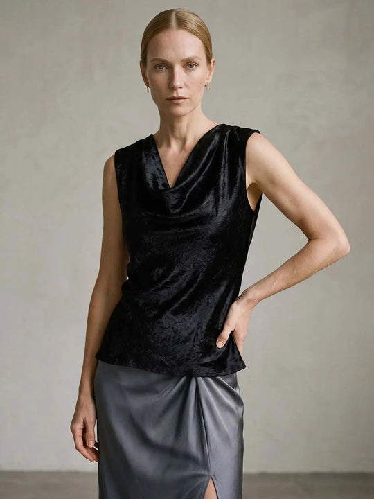 Acetate Draped Neckline Sleeveless Lightweight Fluid Silhouette Shirt