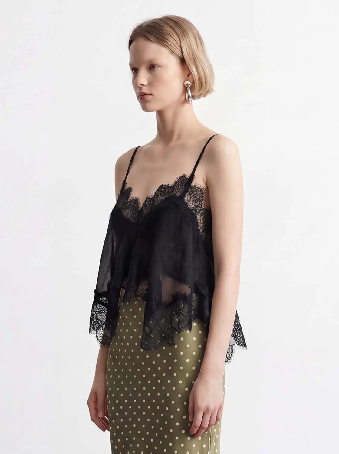 Camisole; black lace, sheer overlay with thin spaghetti straps