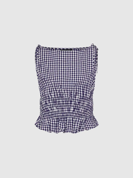 Gingham Smocked Waist Peplum Cotton Shirt