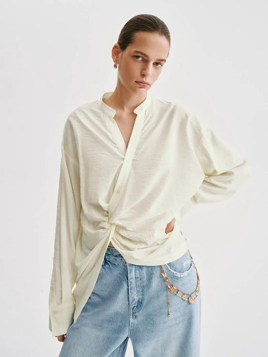 Twist Front Knot Pleated Puff Sleeve Shirt