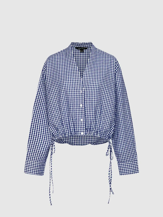 Checked Long Sleeve Tie Waist Cotton Shirt