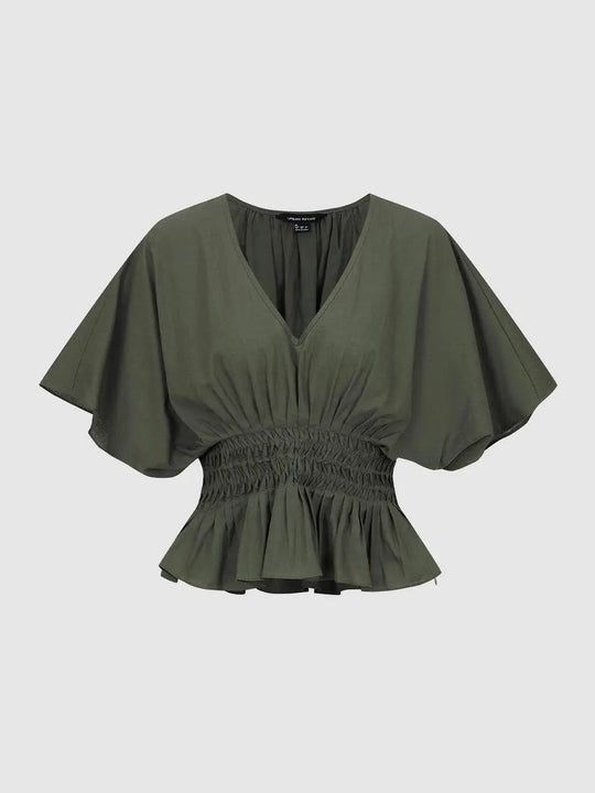 V-neck Puff Sleeve Smocked Waist Cotton Linen Blend Blouse