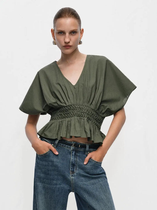 V-neck Puff Sleeve Smocked Waist Cotton Linen Blend Blouse