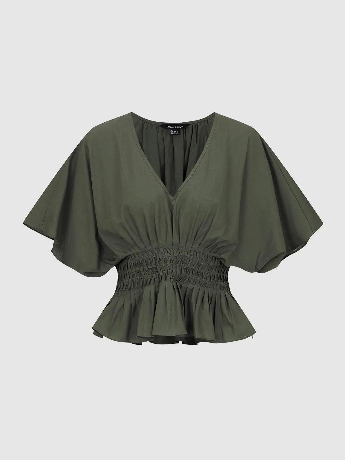 V-neck puff-sleeve blouse with smocked waist in olive green cotton–linen blend by Urban Revivo