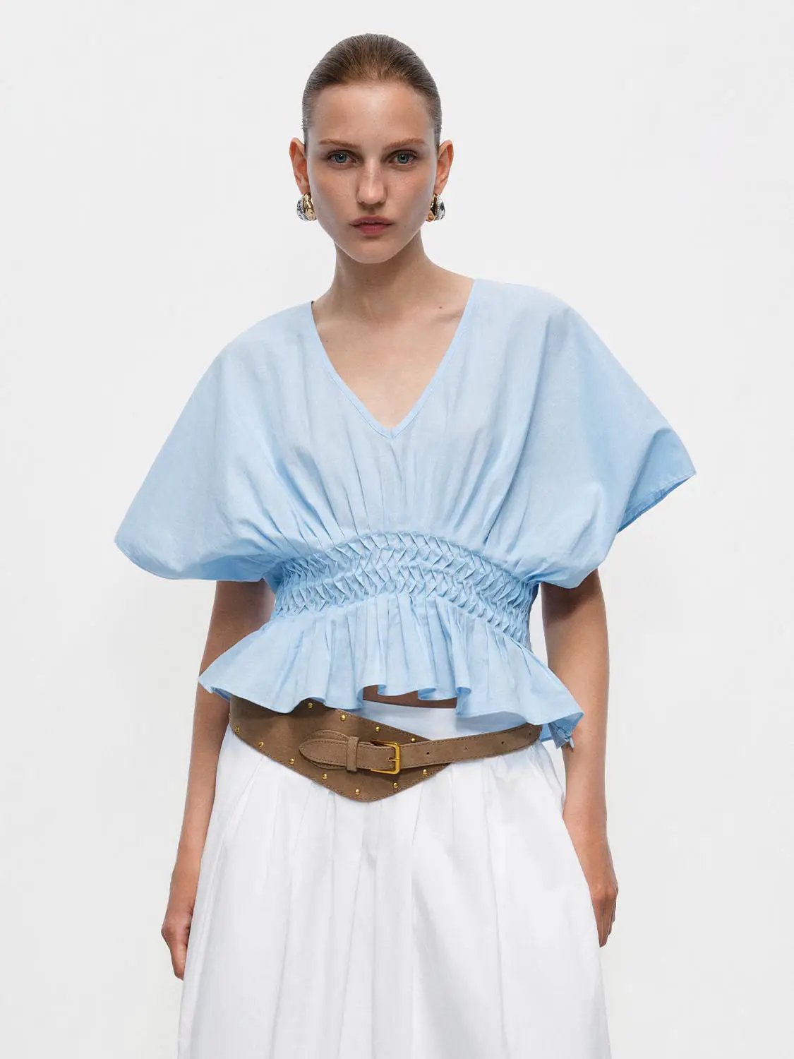 Light blue V-neck puff-sleeve smocked-waist blouse, cotton-linen blend by Urban Revivo Fashion