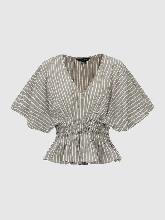 Striped Linen Cotton Blend V-neck With Smocked Waist Blouse