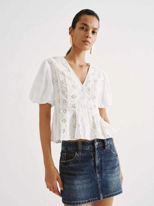 Cotton Eyelet Embroidered Puff Sleeve Shirt