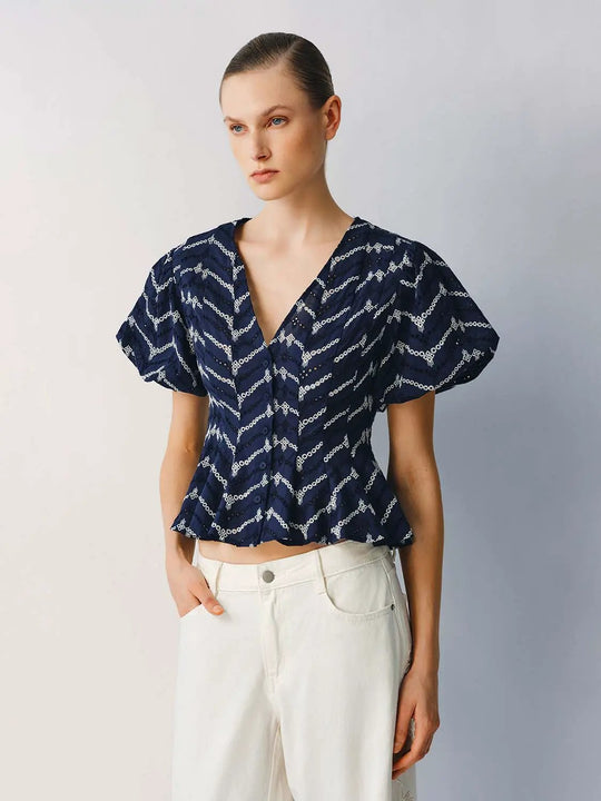 Cotton Puff Short Sleeve Geometric Print Shirt