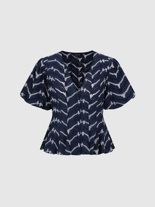 Cotton Puff Short Sleeve Geometric Print Shirt