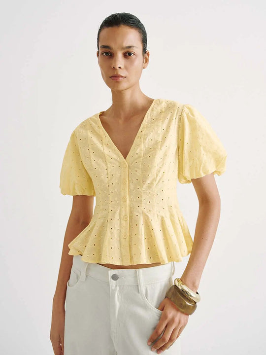 Cotton Eyelet Dotted Puff Short Sleeve V-Neck Shirt