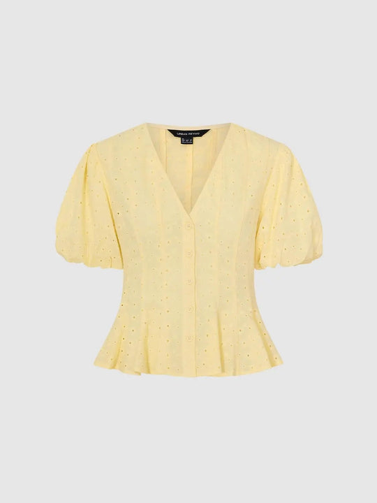 Cotton Eyelet Dotted Puff Short Sleeve V-Neck Shirt