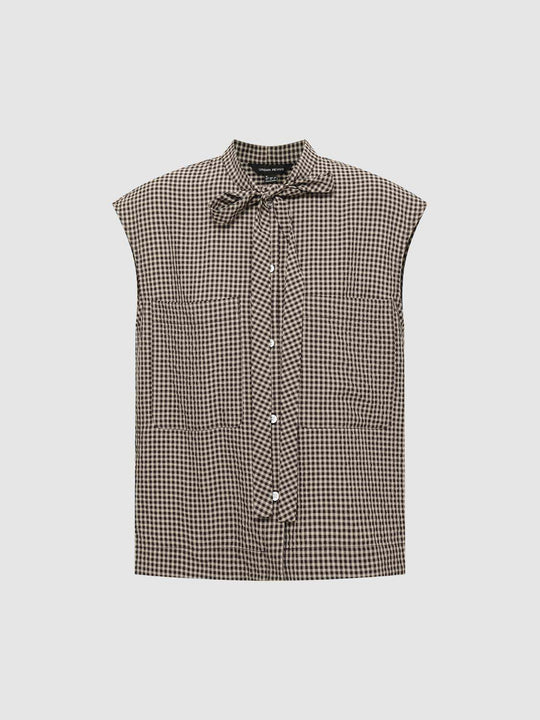 Camicia senza maniche a quadri Vichy con fiocco al collo, tasche applicate