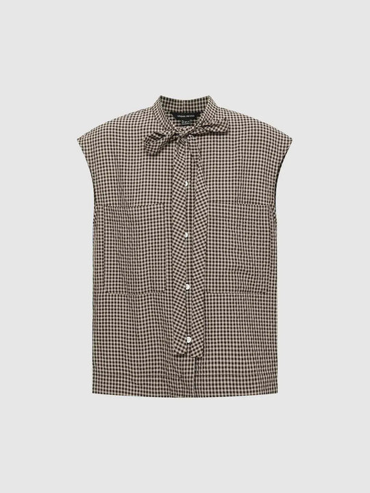 Gingham Check Bow Tie Neck Patch Pockets Sleeveless Shirt