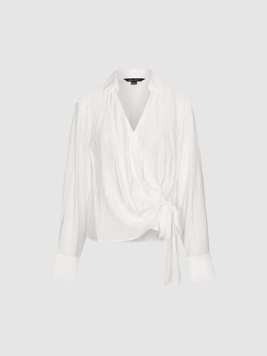 Chemise à manches longues portefeuille à col en V avec lien à nouer à la taille