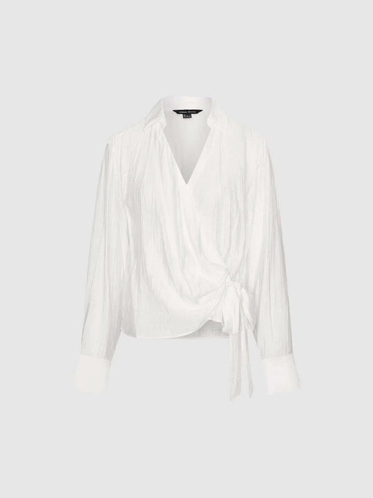 Wrap Front Tie Waist V-neck Long Sleeve Shirt