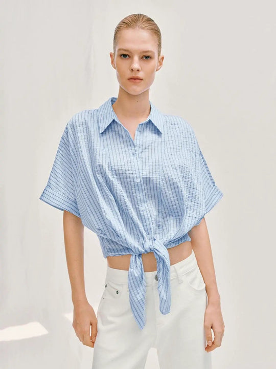 Relaxed Striped Tie Front Lightweight Lyocell Shirt