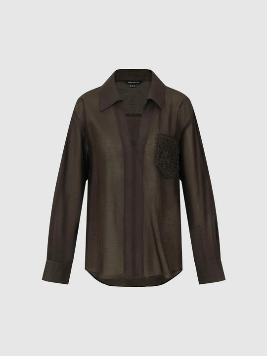 Long Sleeve Shirt Collar Blouse With Textured Pocket
