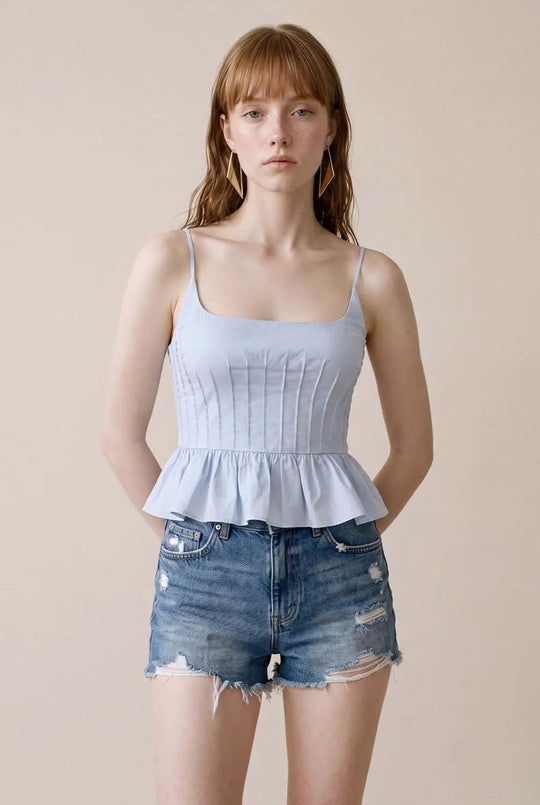 Ruched Peplum Square Neck Sleeveless Cotton Cami Top