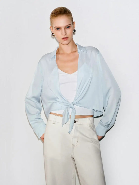 Powder Blue Cropped Tie-front Balloon Sleeve Cardigan