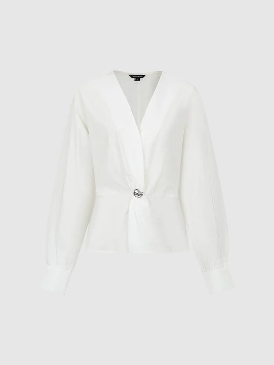 Twisted Front V-neck Long Sleeve Cotton Blouse