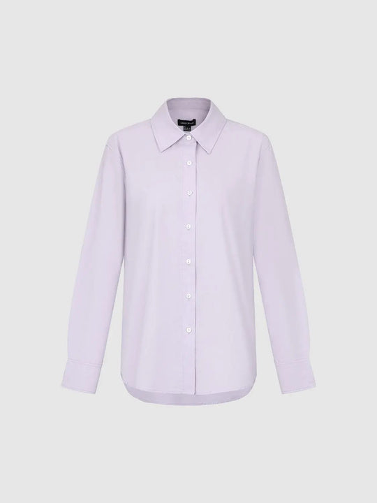 Button Front Curved Hem Collar Long Sleeve Cotton Shirt