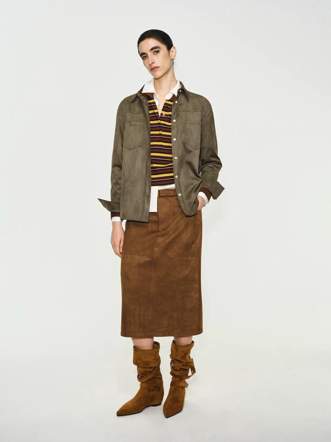 Button-Down Shirt by Urban Revivo Fashion; white collar peeks from under olive outerwear in a layered look.
