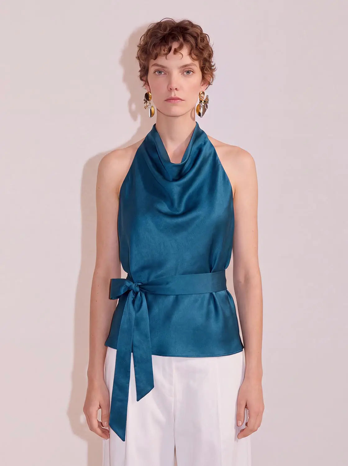 Blouse, teal satin halter-neck with draped neckline and waist sash