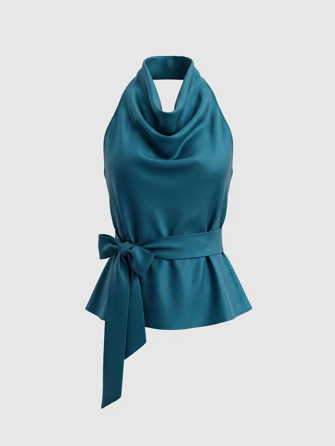 Blouse teal satin overhead shirt with draped cowl neck and tied waist belt.